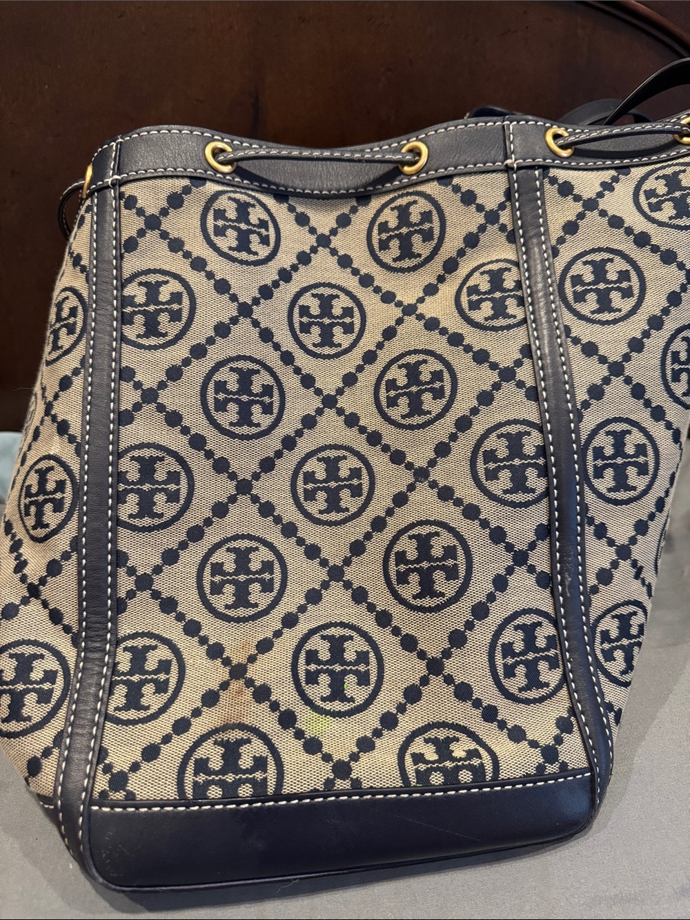 Tory Burch Navy and Beige Logo Canvas Drawstring Tote with Leather Trim - Picture 8 of 11